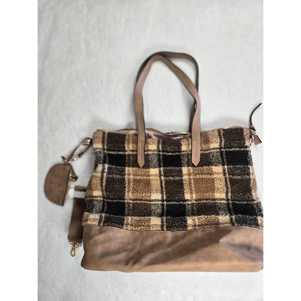 Plaid Faux Shearling Sherpa Tote Bag Brown Tan Crossbody with Pouch Large